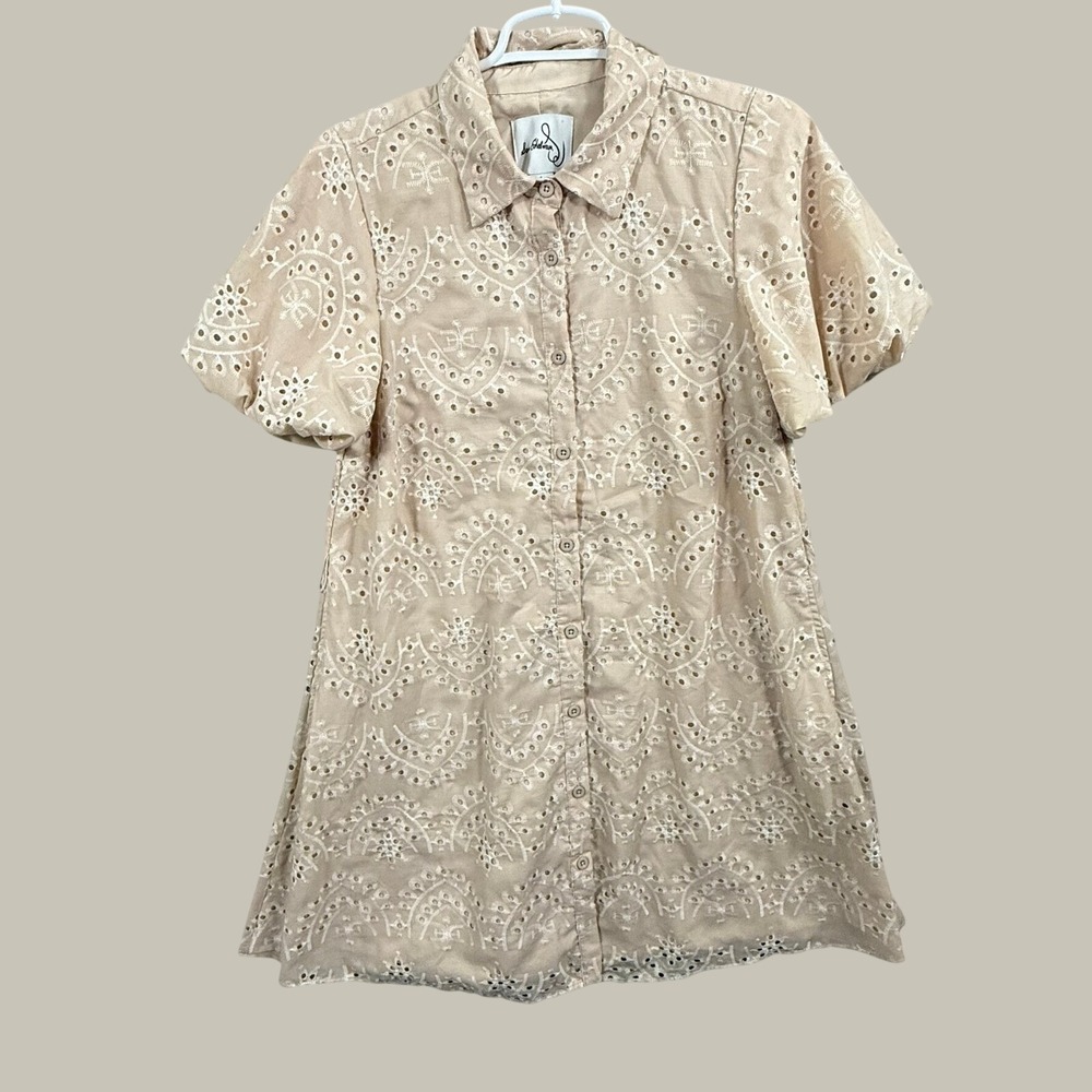 Sam Edelman Womens Beige Eyelet Lace Short Sleeve Button Down Dress Size 6